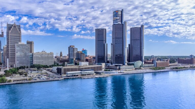 the renaissance center complex of skyscrapers with the