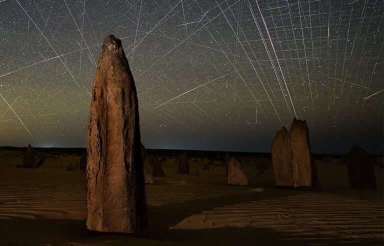 Satellite streaks appear in photograph of Pinnacles in Nambung National Park
